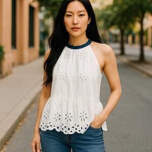 Women’s J.Crew White Eyelet Mockneck  Sleeveless Top Medium Summer Resortwear